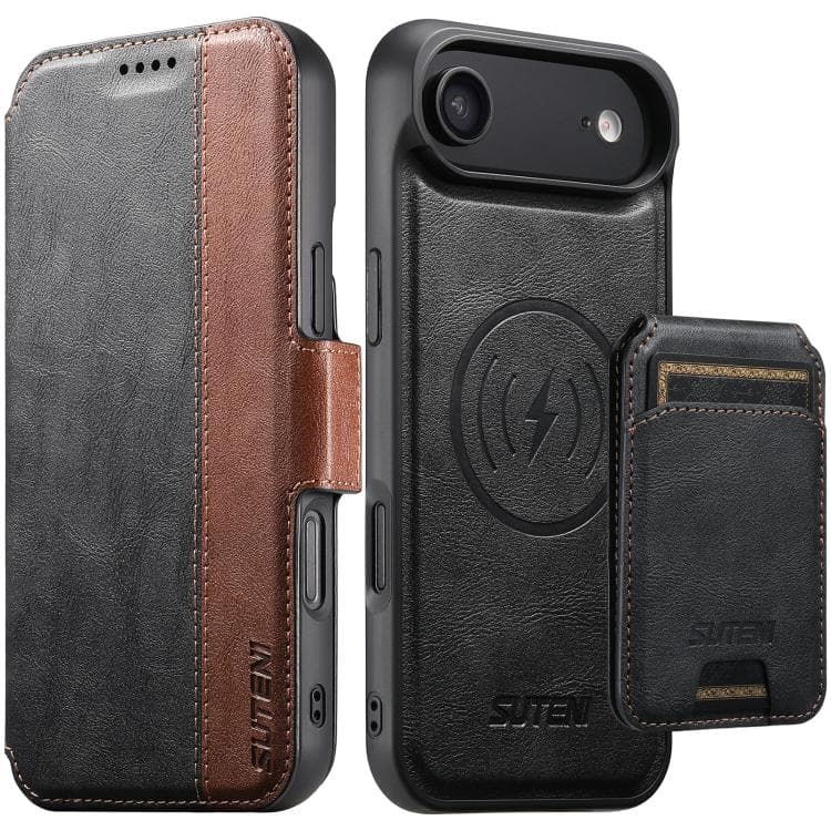 For iPhone Air Suteni Q07S2 3-in-1 Detachable Vertical Flip Wallet MagSafe Splicing Leather Phone Case(Black) - Immagine 1