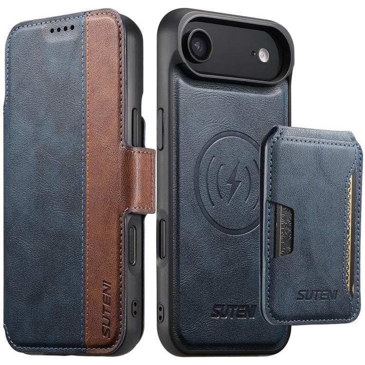 For iPhone Air Suteni Q07S3 Left-Right Splicing Cowhide Pattern Flip Side Card Wallet Removable Magnetic Phone Case(Blue) - Immagine 1