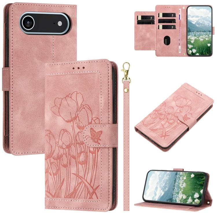 For iPhone Air Tulips Embossed Leather Phone Case with Lanyard(Pink) - Immagine 1