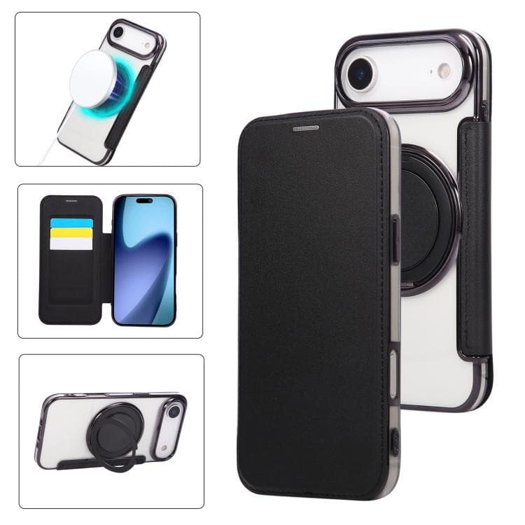 For iPhone Air Ultra-thin Rotation Holder Magnetic Plating Vegan Leather Phone Case(Black) - Immagine 1