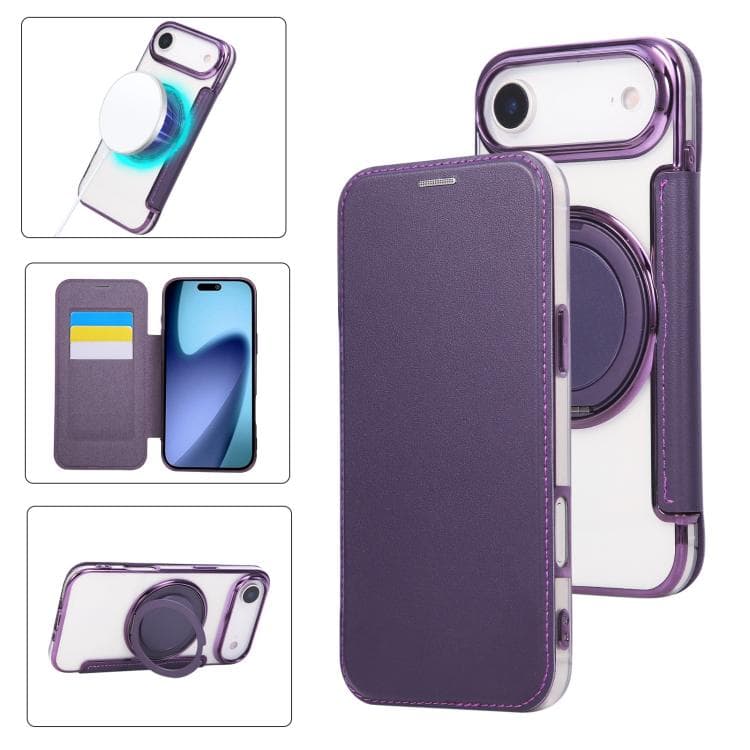 For iPhone Air Ultra-thin Rotation Holder Magnetic Plating Vegan Leather Phone Case(Purple) - Immagine 1