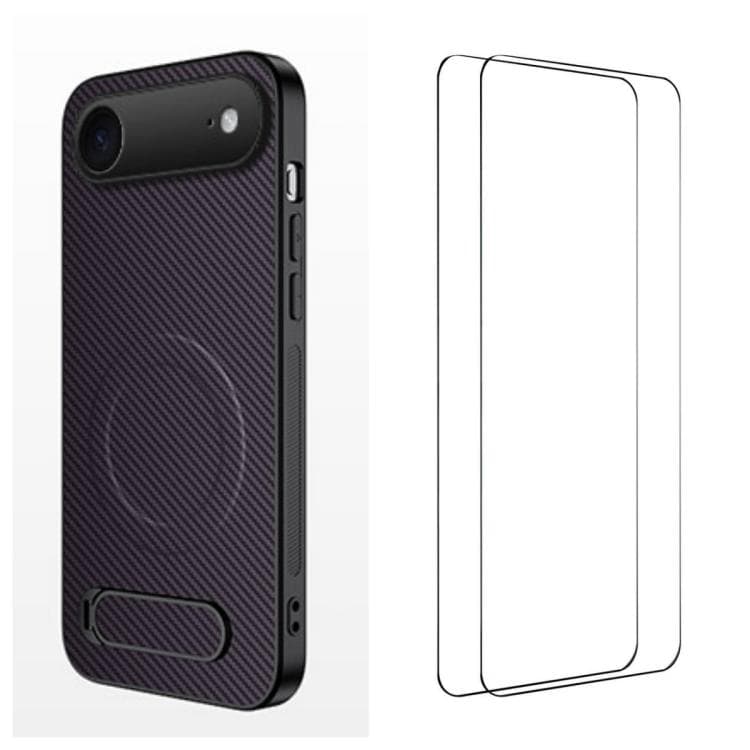 For iPhone Air WANLONFENG Kickstand Carbon Fiber Texture Magnetic Phone Case with 2pcs Screen Films(Purple) - Immagine 1