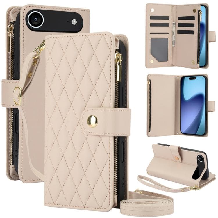For iPhone Air YM016 Rhombic Zipper Card Wallet Leather Phone Case with Lanyard(Apricot) - Immagine 1