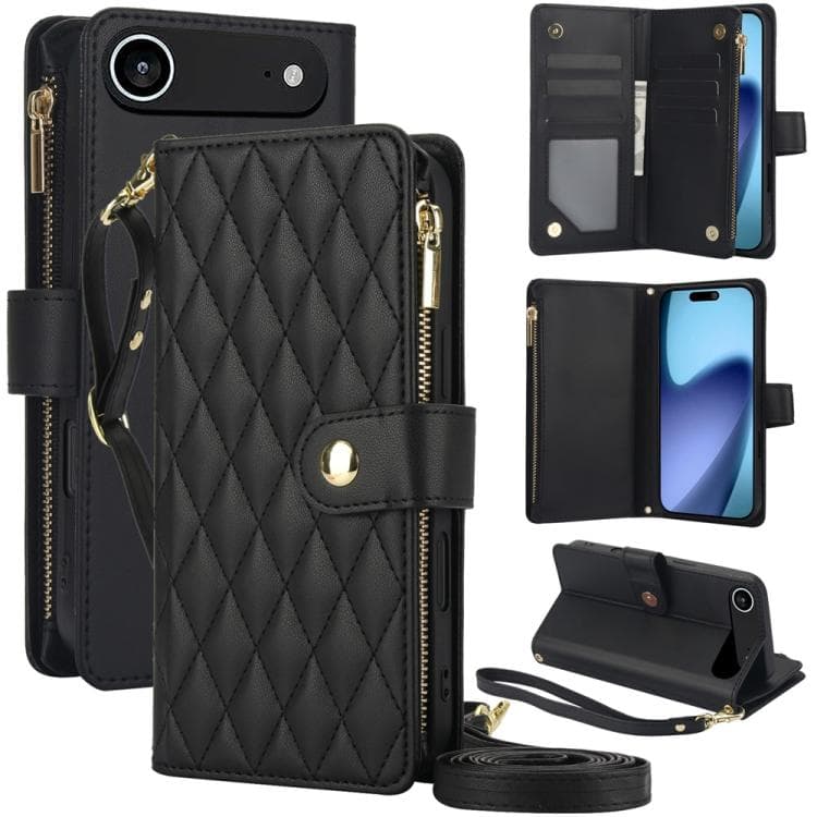For iPhone Air YM016 Rhombic Zipper Card Wallet Leather Phone Case with Lanyard(Black) - Immagine 1