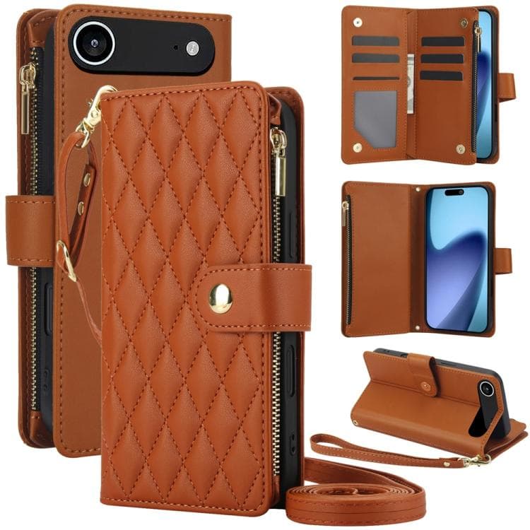 For iPhone Air YM016 Rhombic Zipper Card Wallet Leather Phone Case with Lanyard(Brown) - Immagine 1