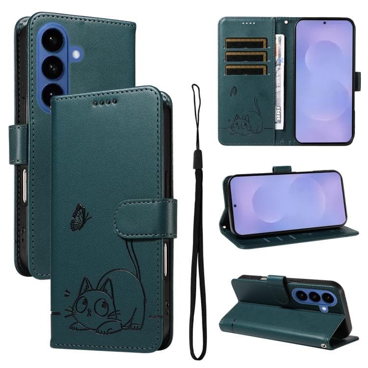 For Samsung Galaxy S26 5G Adorable Cat Embossed Pattern Flip Leather Phone Case(Dark Green) - Immagine 1