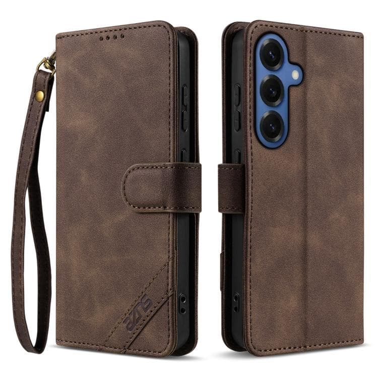 For Samsung Galaxy S26 5G AZNS A2 Series Tri-Card Wallet RFID Vegan Leather Phone Case with Strap(Brown) - Immagine 1