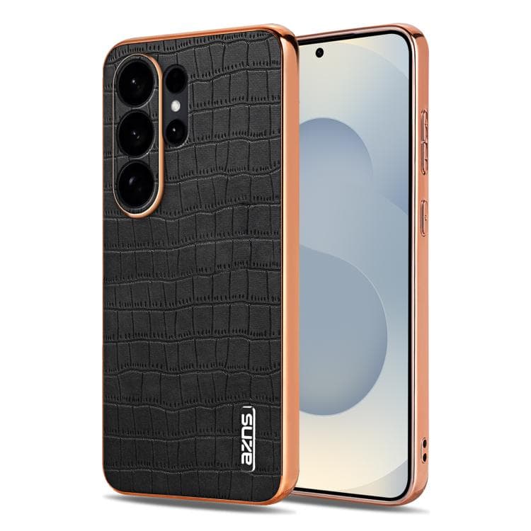 Per Samsung Galaxy S26 5G AZNS Custodia per telefono con telaio elettroplaccato e texture coccodrillo, copertura totale (Nero) - Immagine 1