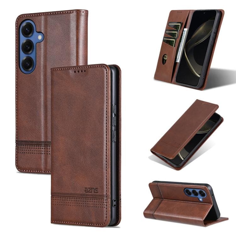 Per Samsung Galaxy S26 5G AZNS Custodia in pelle con texture vitello e chiusura magnetica (Marrone scuro) - Immagine 1