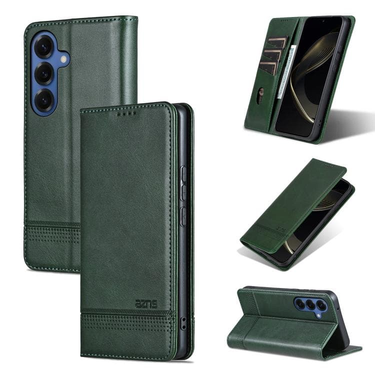 Fondina per telefono in pelle con texture a vitello magnetico AZNS per Samsung Galaxy S26 5G (Verde scuro) - Immagine 1