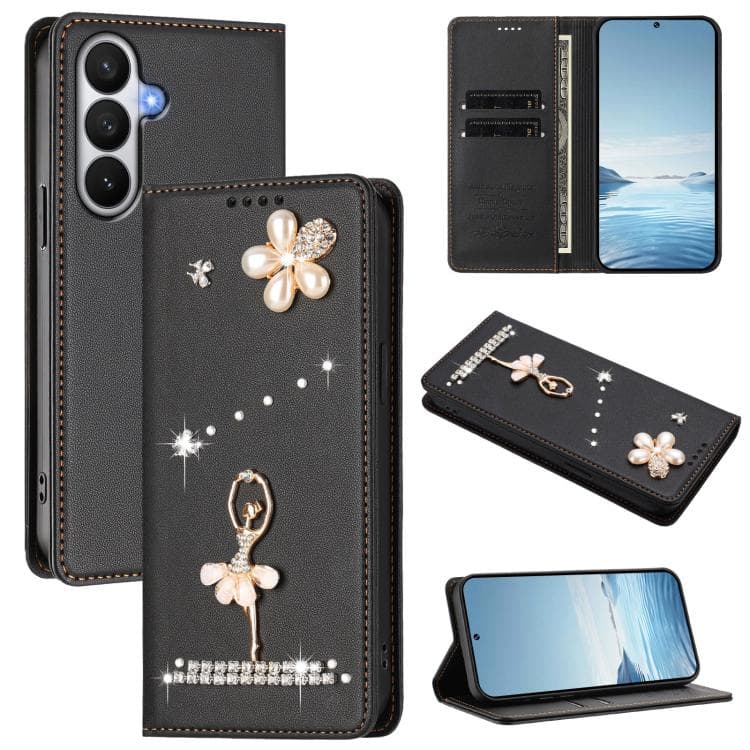 For Samsung Galaxy S26 5G Ballet Girl Diamond Studded RFID Vegan Leather Phone Case(Black) - Immagine 1