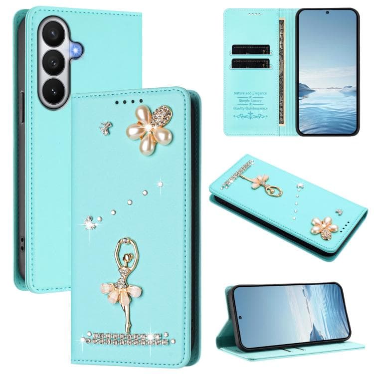 For Samsung Galaxy S26 5G Ballet Girl Diamond Studded RFID Vegan Leather Phone Case(Mint Green) - Immagine 1