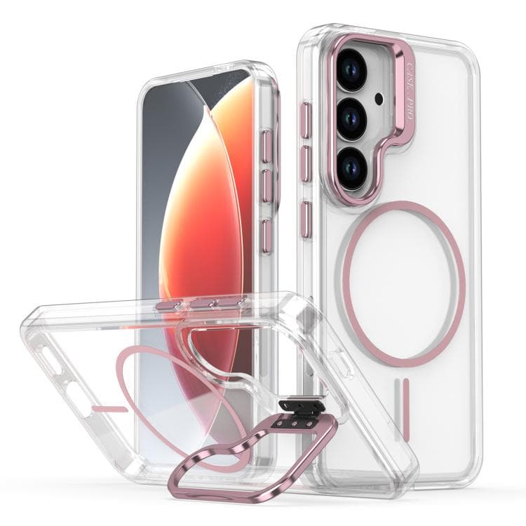 For Samsung Galaxy S26 5G Bright Color Clear MagSafe Lens Frame Holder Phone Case(Pink) - Immagine 1