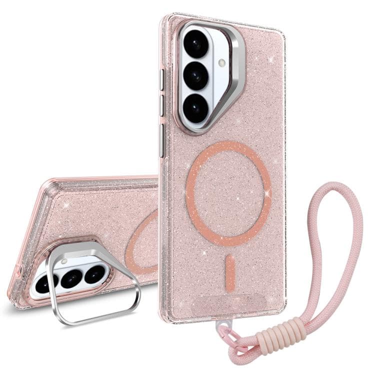 For Samsung Galaxy S26 5G Camera Bracket Glitter Magnetic Phone Case with Lanyard(Pink) - Immagine 1