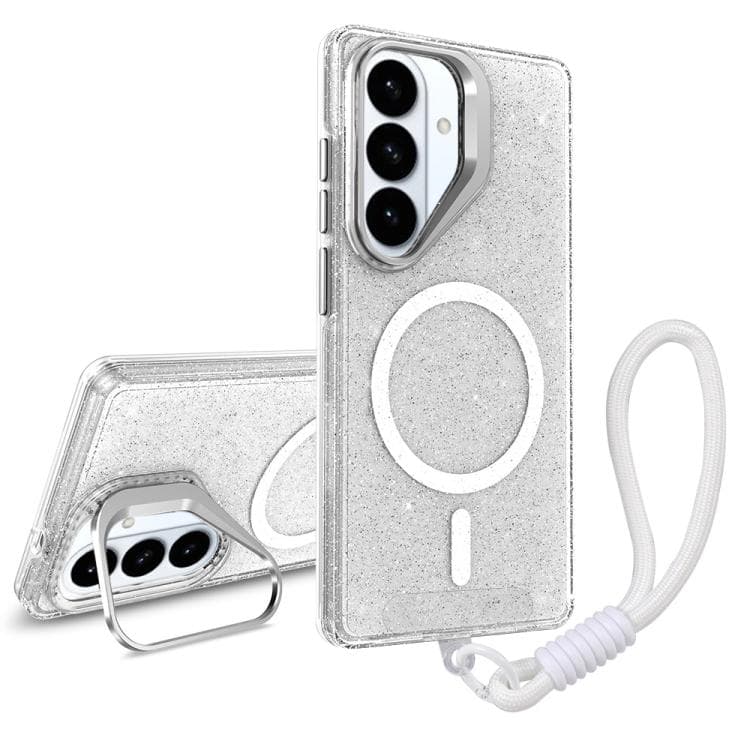 For Samsung Galaxy S26 5G Camera Bracket Glitter Magnetic Phone Case with Lanyard(White) - Immagine 1
