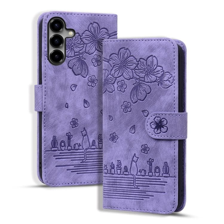 For Samsung Galaxy S26 5G Cartoon Sakura Cat Embossed Leather Phone Case(Purple) - Immagine 1