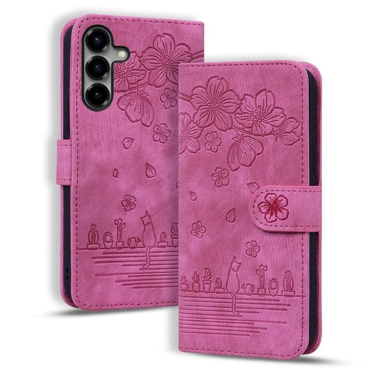 For Samsung Galaxy S26 5G Cartoon Sakura Cat Embossed Leather Phone Case(Rose Red) - Immagine 1