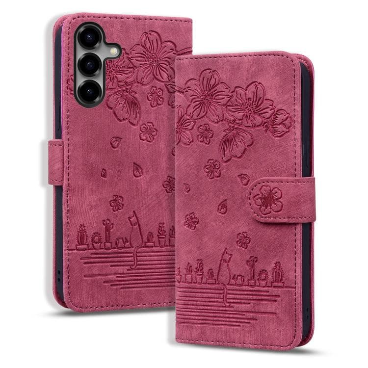 For Samsung Galaxy S26 5G Cartoon Sakura Cat Embossed Leather Phone Case(Wine Red) - Immagine 1