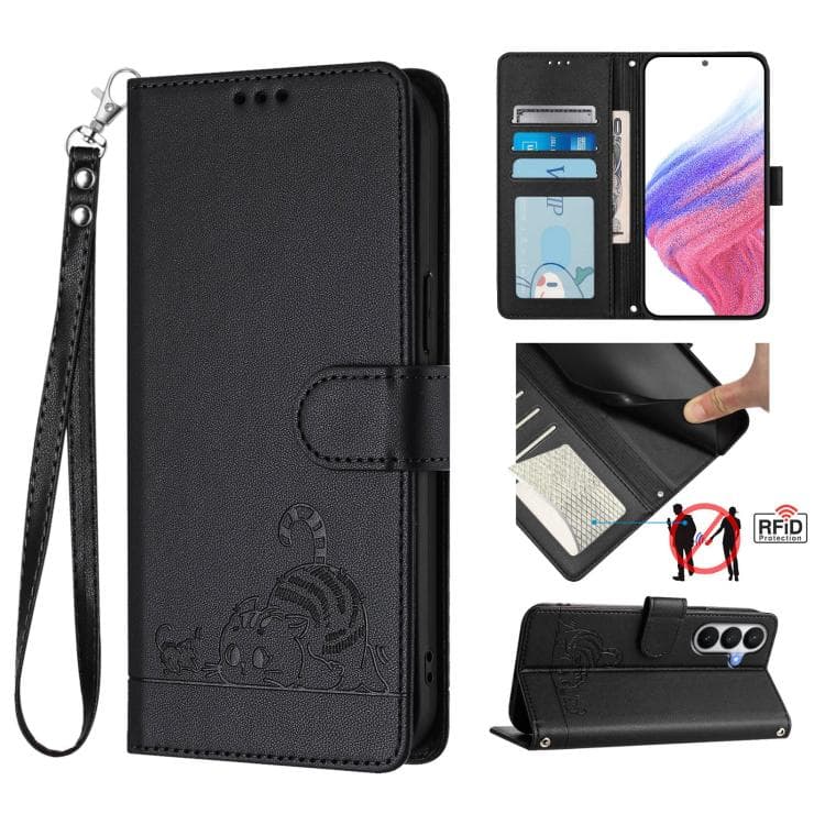 For Samsung Galaxy S26 5G Cat Rat Embossed Pattern RFID Leather Phone Case with Lanyard(Black) - Immagine 1