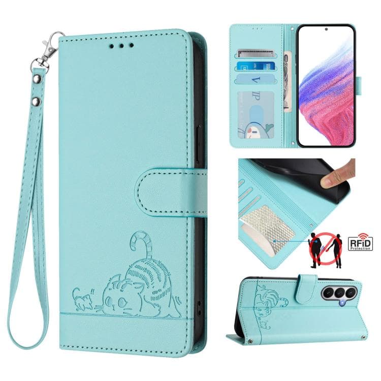 For Samsung Galaxy S26 5G Cat Rat Embossed Pattern RFID Leather Phone Case with Lanyard(Mint Green) - Immagine 1