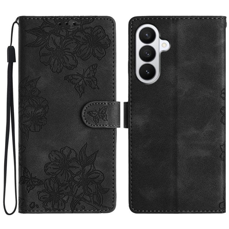 Per Samsung Galaxy S26 5G Custodia in PU con motivo a fiori di ciliegio e farfalla, effetto pelle, in rilievo (Nero) - Immagine 1