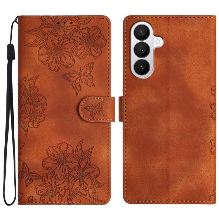 Per Samsung Galaxy S26 5G Custodia in PU con motivo a fiori di ciliegio e farfalla, effetto pelle, in rilievo (Marrone) - Immagine 1