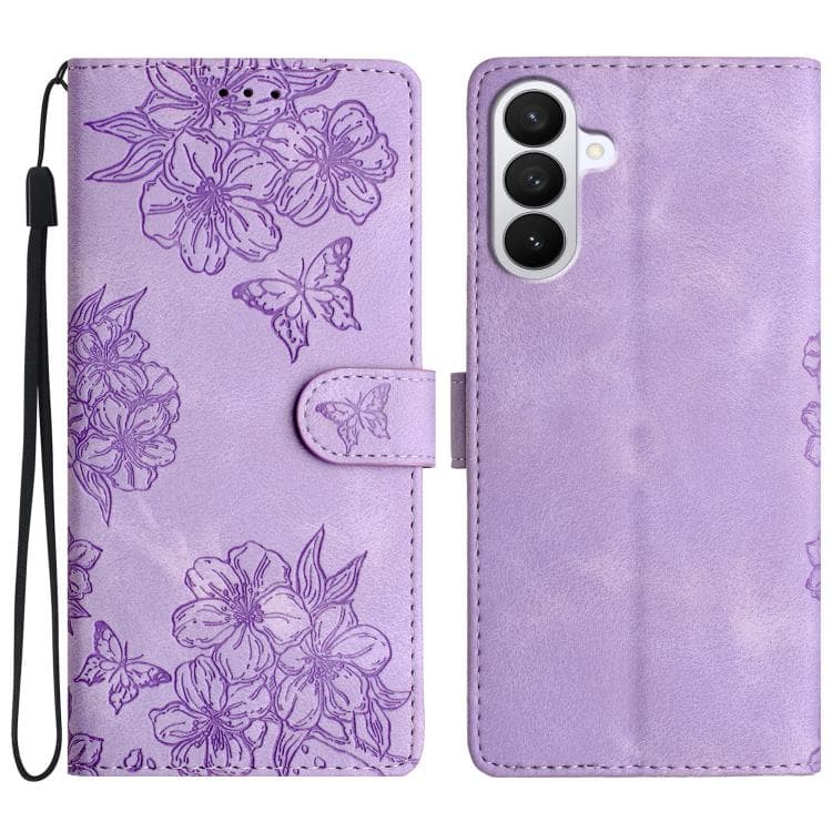 Custodia in PU con sensazione di pelle e rilievo di fiori di ciliegio per Samsung Galaxy S26 5G (Viola) - Immagine 1