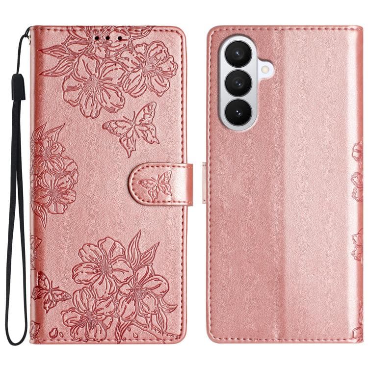 Per Samsung Galaxy S26 5G Custodia in PU con rilievo a fiori di ciliegio e texture morbida (Rosa Oro) - Immagine 1