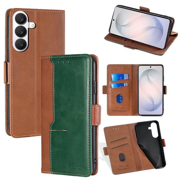 For Samsung Galaxy S26 5G Contrast Color Side Buckle Leather Phone Case(Light Brown + Green) - Immagine 1