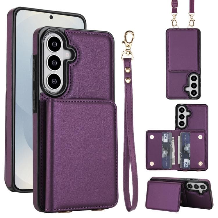For Samsung Galaxy S26 5G Crossbody Dual-buckle Wallet RFID Back Leather Phone Case(Dark Purple) - Immagine 1