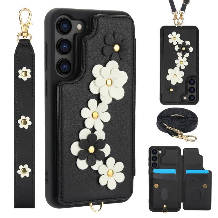 Fodero per telefono in pelle con motivo floreale a tracolla per Samsung Galaxy S26 5G (Nero) - Immagine 1