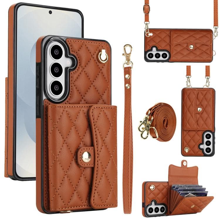 For Samsung Galaxy S26 5G Crossbody Rhombic Horizontal Wallet Leather Phone Case(Brown) - Immagine 1