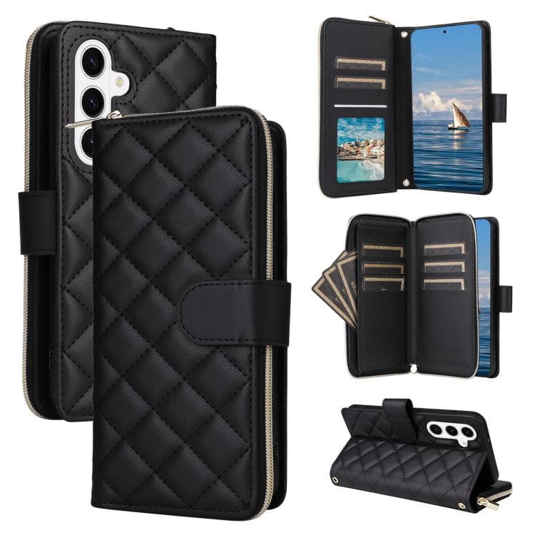 Custodia in pelle con cinturino a tracolla a rombi e fibbia a torre per Samsung Galaxy S26 5G (Nero) - Immagine 1