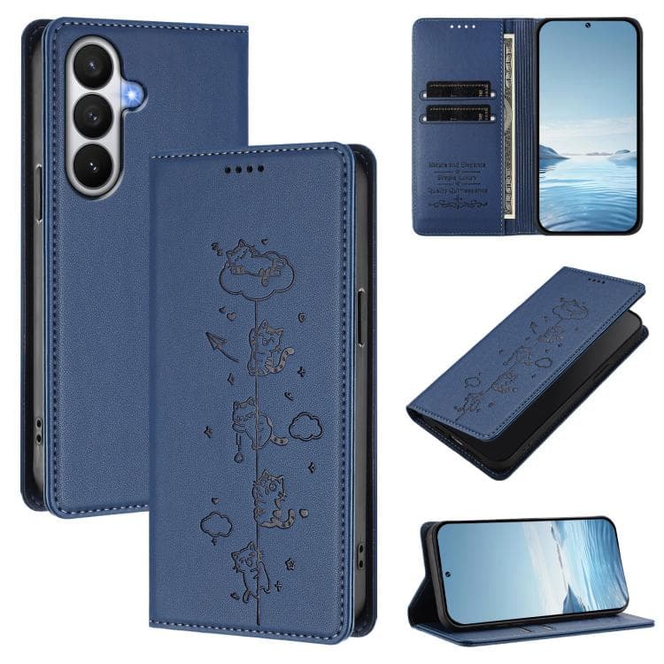 For Samsung Galaxy S26 5G Cute Cats Embossed Magnetic RFID Vegan Leather Phone Case(Dark Blue) - Immagine 1