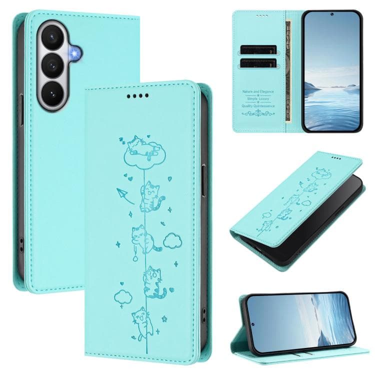 For Samsung Galaxy S26 5G Cute Cats Embossed Magnetic RFID Vegan Leather Phone Case(Mint Green) - Immagine 1