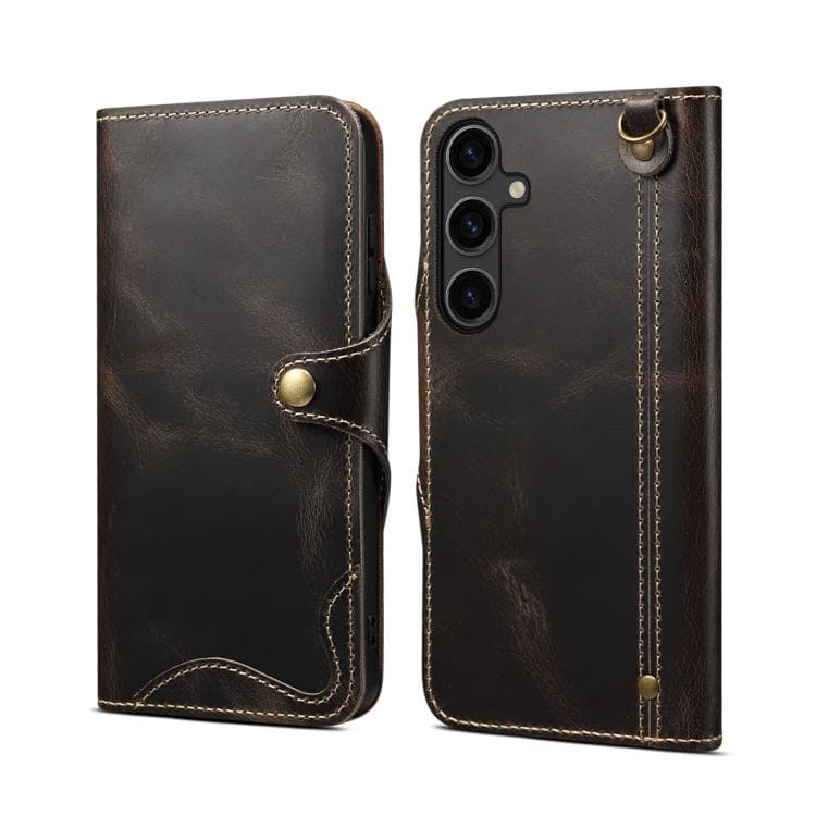 For Samsung Galaxy S26 5G Denior B01 Oil Wax Cowhide Magnetic Button Genuine Leather Case(Black) - Immagine 1