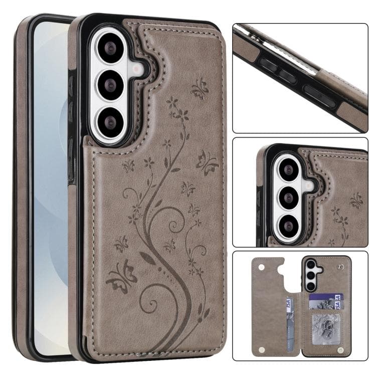 For Samsung Galaxy S26 5G Double Buckle Butterfly Embossing PU Phone Case(Grey) - Immagine 1