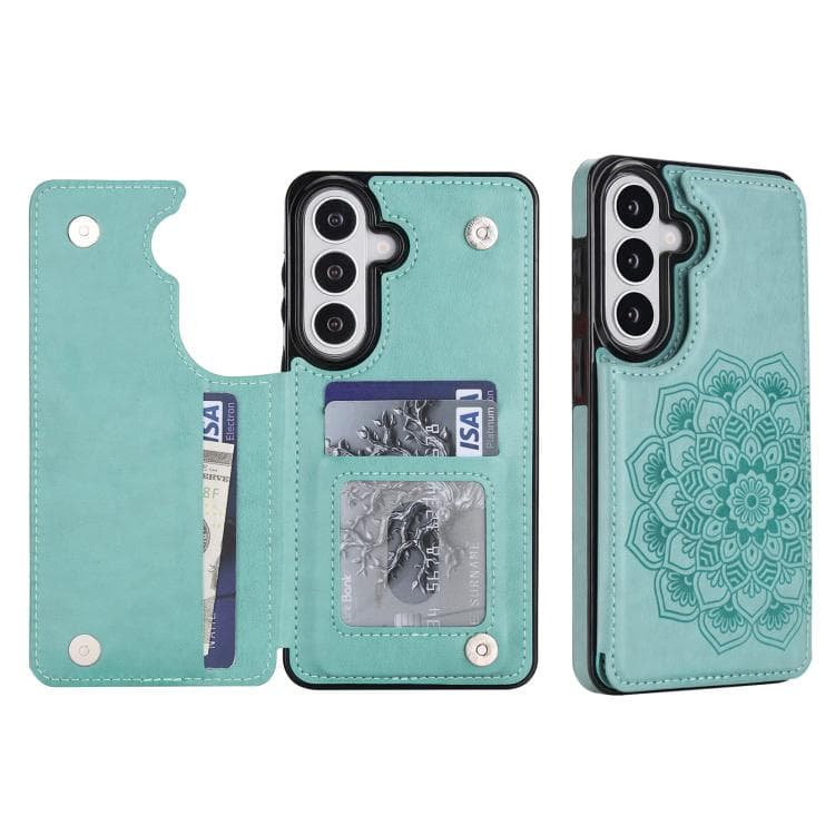 For Samsung Galaxy S26 5G Double Buckle Mandala Leather Wallet Back Cover Phone Case(Green) - Immagine 1
