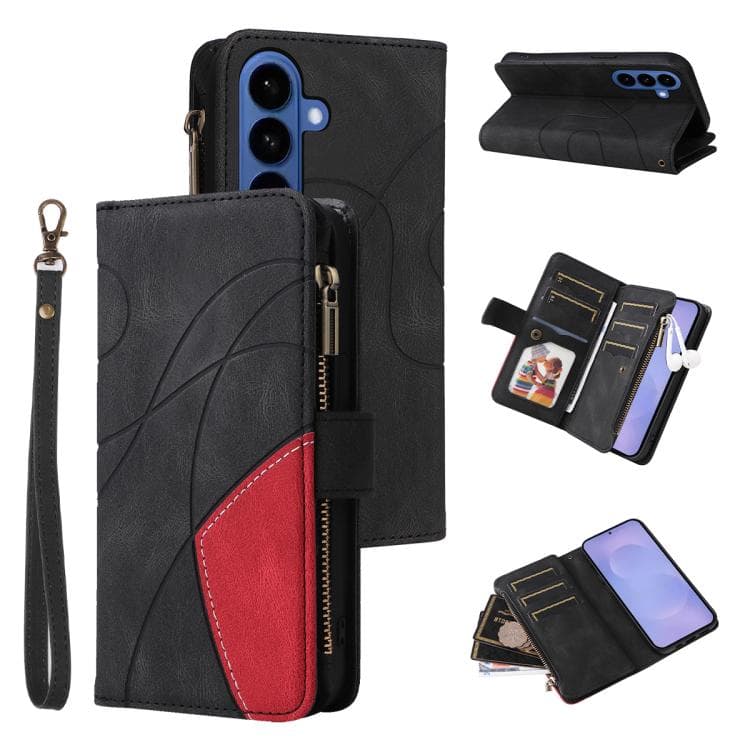 For Samsung Galaxy S26 5G Dual-color 9 Card Slots Zipper Wallet Leather Phone Case(Black) - Immagine 1
