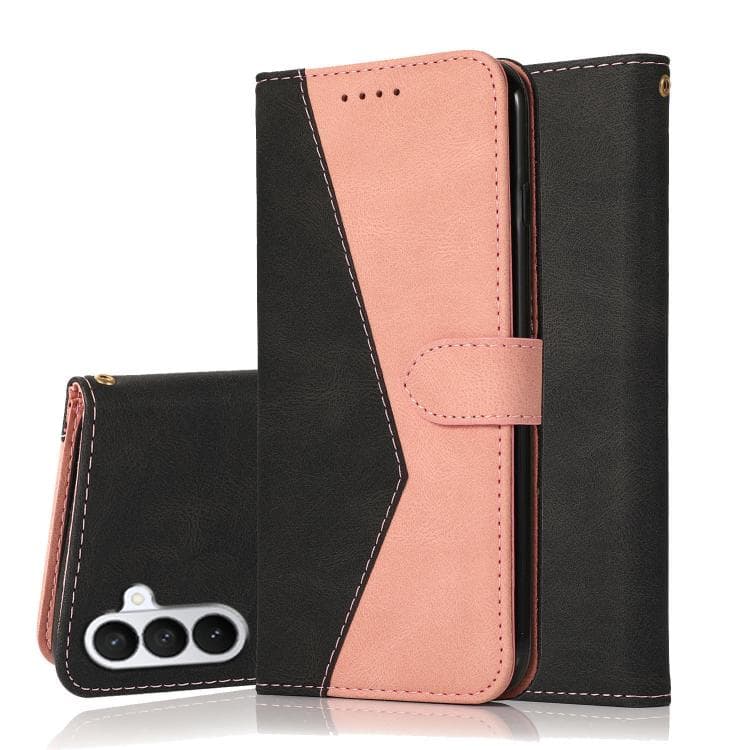 Custodia in pelle con cuciture bicolore per Samsung Galaxy S26 5G (Nero Rosa Oro) - Immagine 1