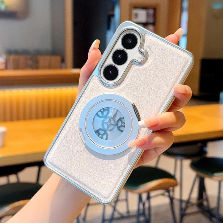 For Samsung Galaxy S26 5G Electroplated Side-mounted Vegan Leather Magnetic Phone Case with 360 Degrees Gear Rotating Holder(White) - Immagine 1