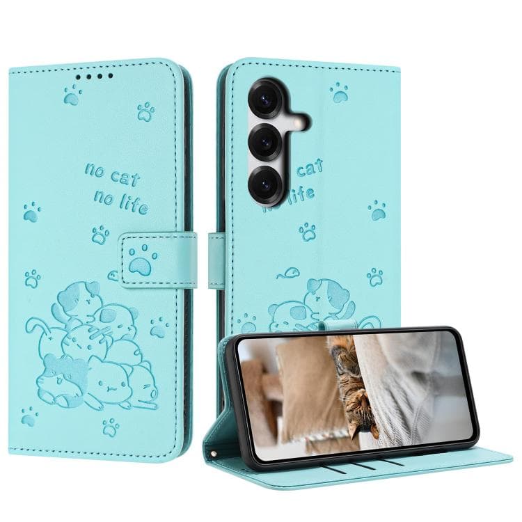For Samsung Galaxy S26 5G Embossed Kitten Phone Leather Case with Lanyard(Mint Green) - Immagine 1