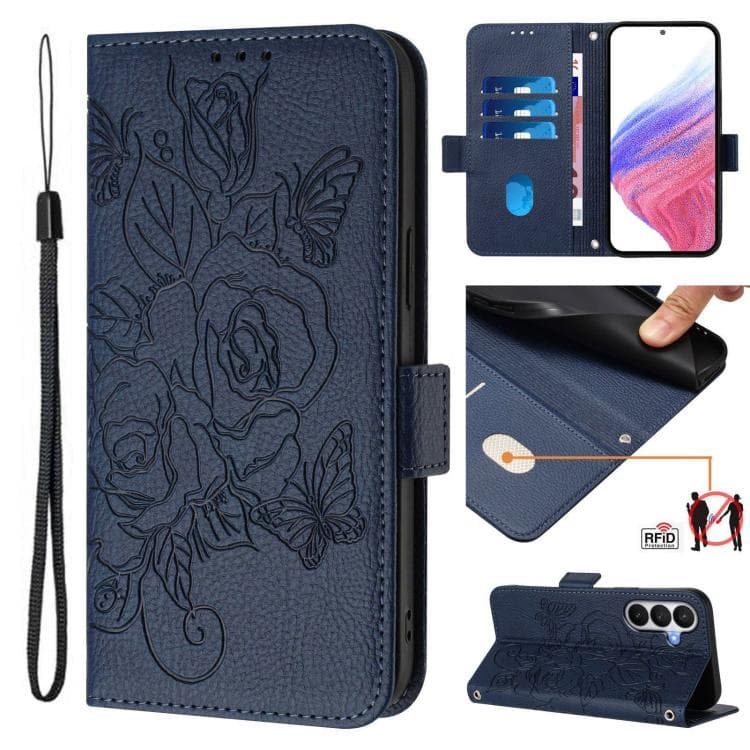 Custodia in pelle antigraffio RFID con rosa in rilievo per Samsung Galaxy S26 5G (Blu scuro) - Immagine 1