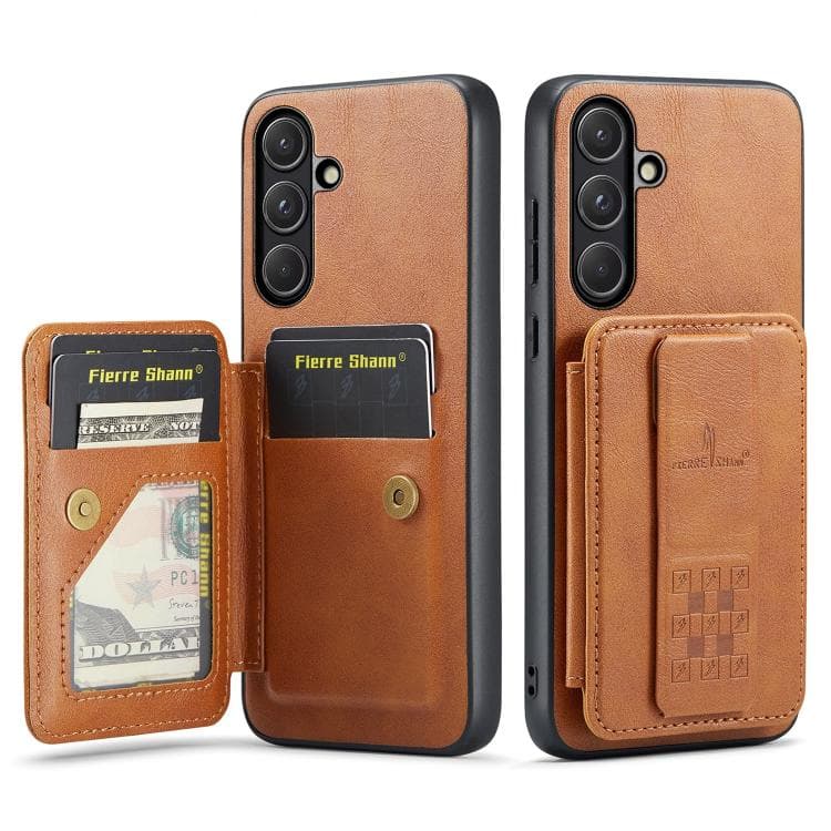 For Samsung Galaxy S26 5G Fierre Shann FS-024 Oil Wax Cow Leather Card Holder Back Phone Case(Brown) - Immagine 1