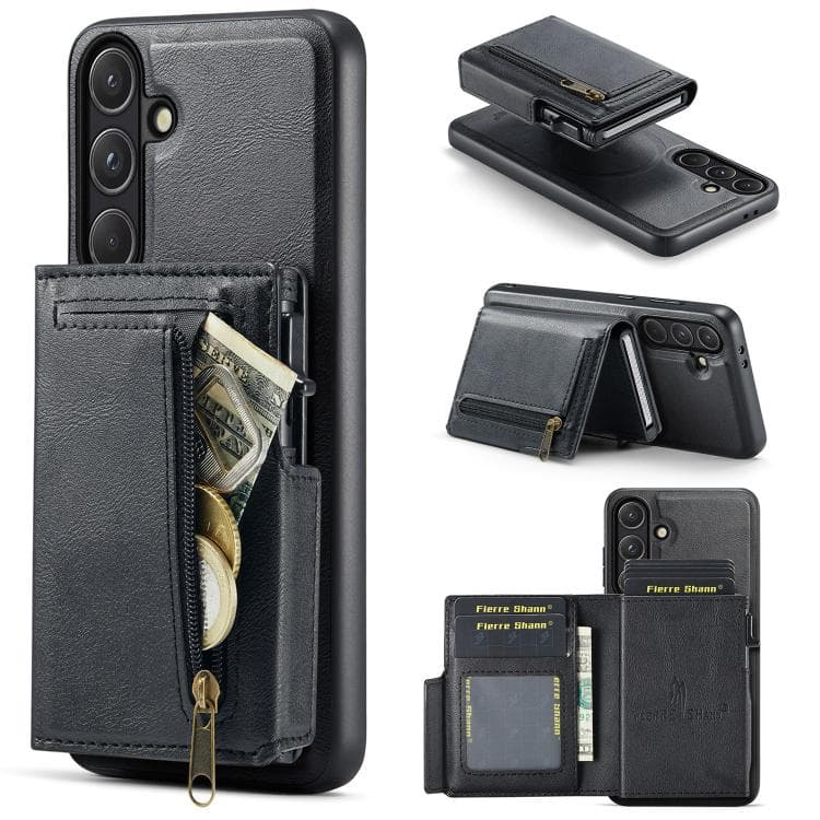 For Samsung Galaxy S26 5G Fierre Shann Oil Wax Vegan Leather Magnetic Card Holder Back Phone Case(Black) - Immagine 1