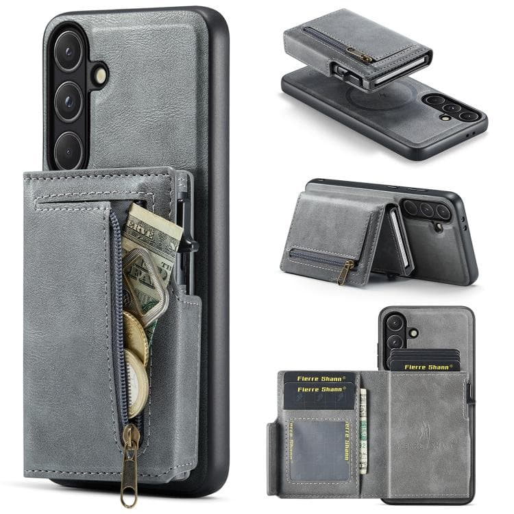 For Samsung Galaxy S26 5G Fierre Shann Oil Wax Vegan Leather Magnetic Card Holder Back Phone Case(Grey) - Immagine 1