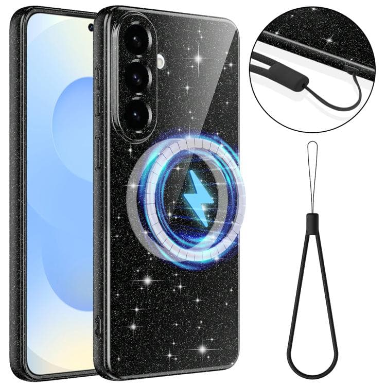 For Samsung Galaxy S26 5G Fine Hole Glossy Glitter Magnetic TPU Phone Case with Same Color Hand Strap(Black) - Immagine 1