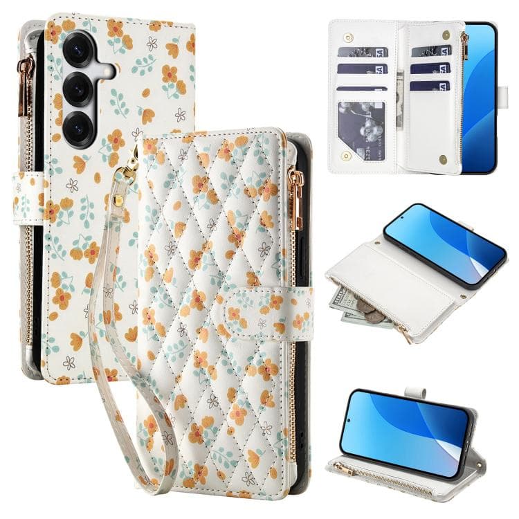 For Samsung Galaxy S26 5G Flower Pattern Zipper Wallet Vegan Leather Phone Case with Lanyard(Orange Flowers) - Immagine 1