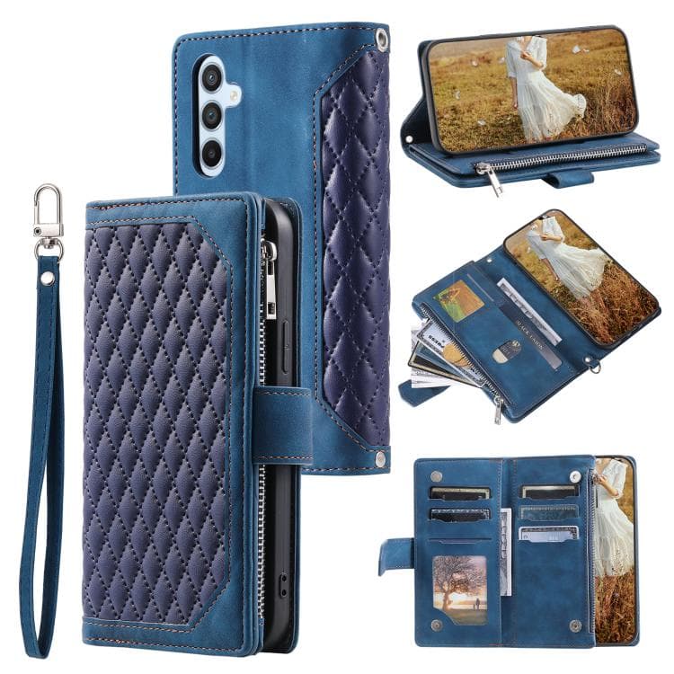 For Samsung Galaxy S26 5G Grid Texture Zipper Leather Phone Case with Lanyard(Blue) - Immagine 1