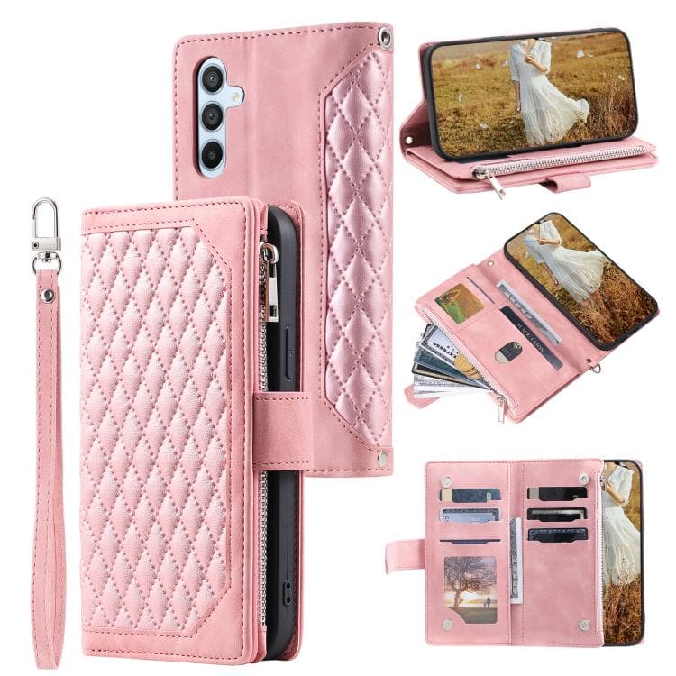 For Samsung Galaxy S26 5G Grid Texture Zipper Leather Phone Case with Lanyard(Rose Gold) - Immagine 1